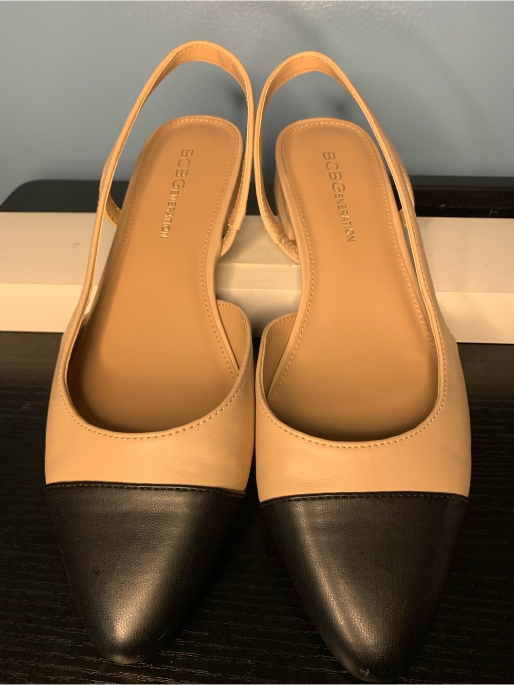 BCBGeneration Beige and Black Pointed Slingback low block heel